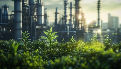 Obraz premium Green shoots emerge near industrial complex