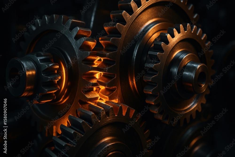Poster interlocking gears: a close-up, eye-level shot captures the intricate mesh of interlocking gears, hi