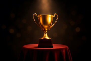 A golden trophy on a red draped table under a spotlight against a dark background with bokeh effect