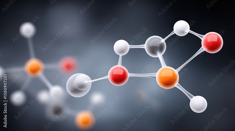 Poster intricate molecular structure with spheres and connections, a visual representation for science educ