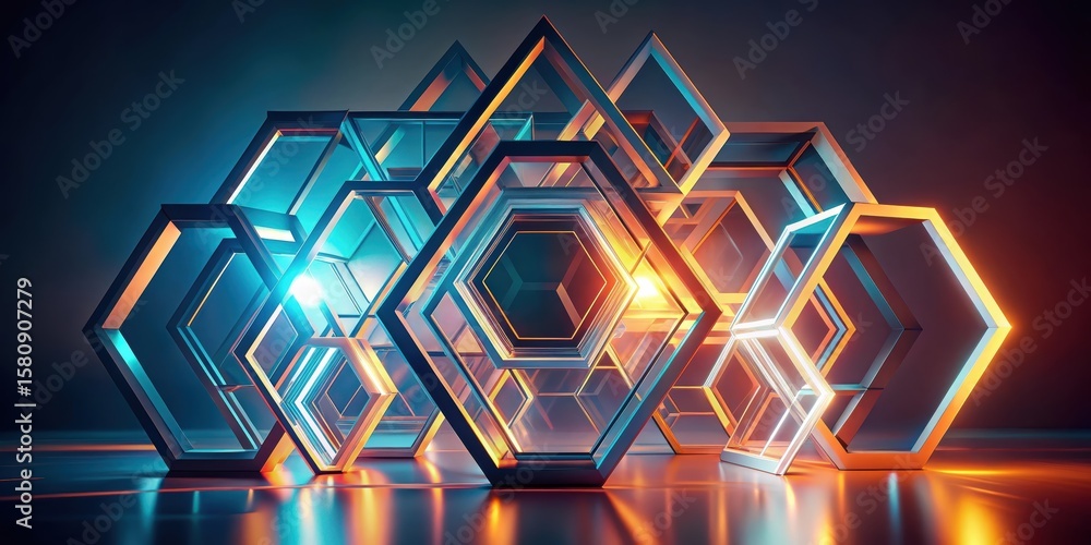 Poster abstract geometric shapes illuminated with vibrant hues, creating a captivating interplay of light a