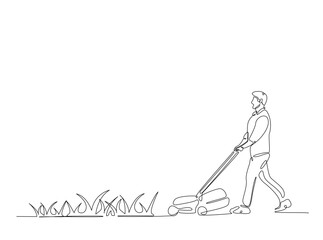 Gardener holding lawn mower in single outline illustration. Continuous line art drawing of man holding grass cutter machine.