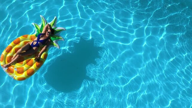 Top view of woman on a big pineapple float in a clear blue pool, shot from drone. Concept summer fun, relaxation, tropical vibes and leisure.