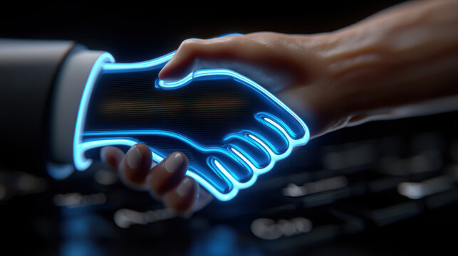 Robotic hand and human hand shake, symbolizing collaboration and technology. word CONNTACT ARGILT is displayed