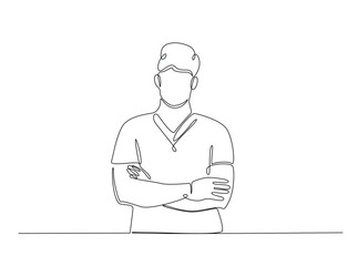 Cool man pose wih crossed arms in single outline illustration. Continuous line art drawing of cool man, doctor, businessman.