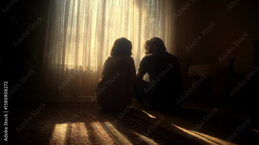Poster a soft light filters through a curtained window illuminating a couple in a close quarter their bodie
