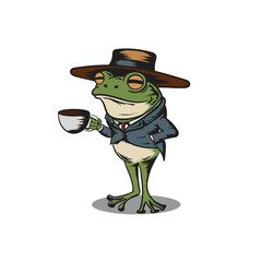 Vector illustration of a frog wearing a vintage suit and hat, holding a cup of coffee, and isolated on a white background.