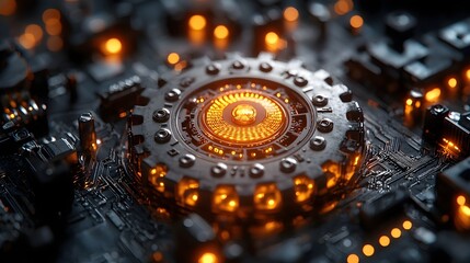 A futuristic circuit board with glowing mechanisms and intricate patterns  long title A high tech circuit board with complex interconnected