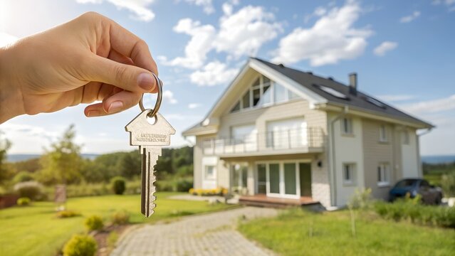 Hand holding house keys in front of miniature house model with tree. Symbolizing home ownership, property acquisition, and new residence concept.