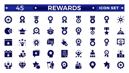 Reward solid icon set. Success icon, Contains icons prize, trophy, winner, gift, bonus card illustration. Set of Winner medal, cup and Laurel wreath award icons. Award line Reward, Certificate.
