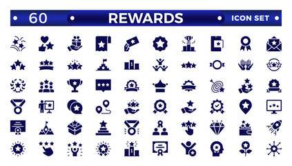 Reward solid icon set. Success icon, Contains icons prize, trophy, winner, gift, bonus card illustration. Set of Winner medal, cup and Laurel wreath award icons. Award line Reward, Certificate.
