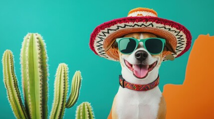 Happy Dog in Sunglasses and Sombrero Mexican Style