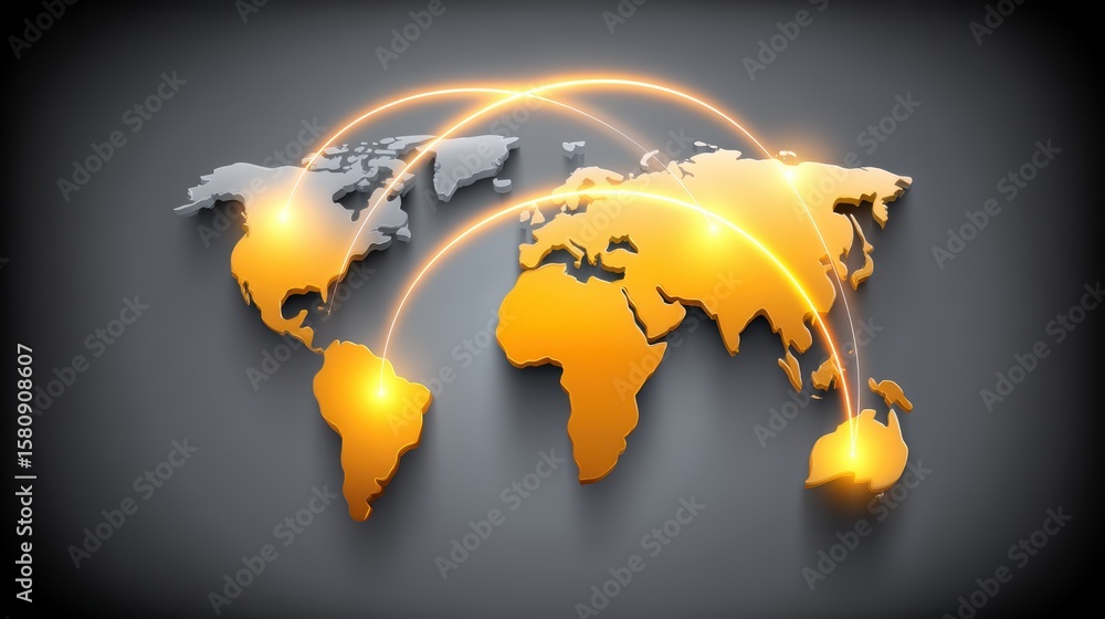 Poster illuminated world map, visualizing global connections and data flow