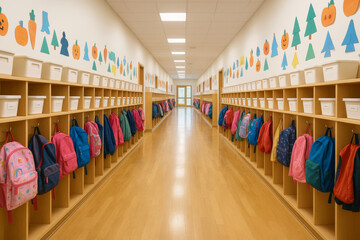 Colorful kindergarten hallway with backpacks and cubbies