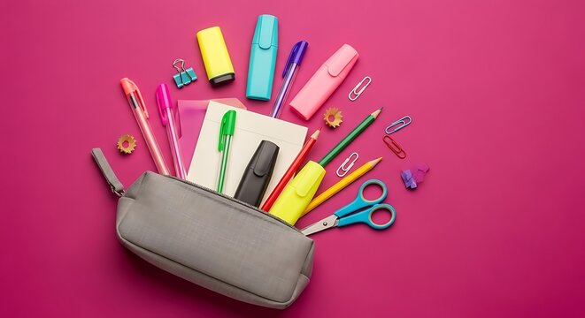 Overhead shot of a grey pencil case spilling out colorful pens, highlighters, paperclips, and other stationery items on a vibrant pink background.
