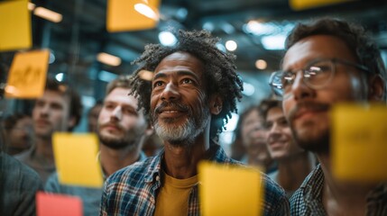 Diverse team collaboration in modern creative office: Brainstorming session with sticky notes on glass wall, innovative workspace for ideas, planning, and professional teamwork