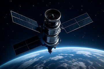 A satellite orbiting earth with solar panels and a communications dish against a starry sky backdrop