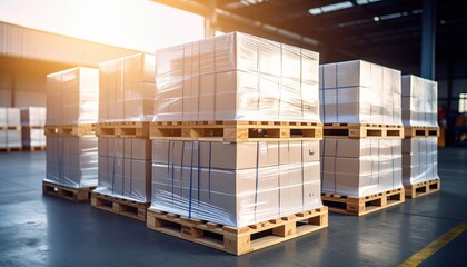 Stacked pallets of packaged goods in a warehouse illuminated by warm sunlight during evening hours