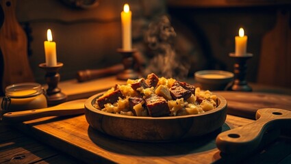 steaming plate rustic kitchen home cooked meal candlelight scene moody food photo pork and sauerkraut wooden plate comfort food warm lighting

