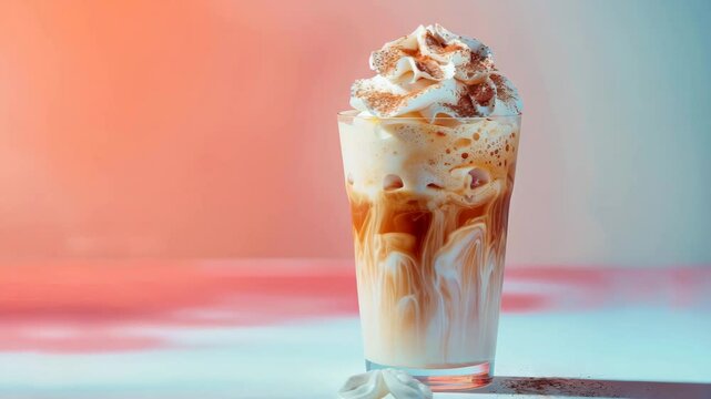 Rotating Glass of Iced Coffee with Whipped Cream and Cocoa Powder in Cinematic 4K