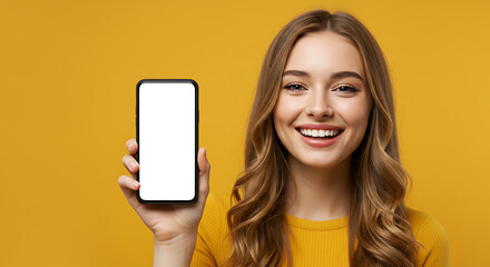 Naklejka premium Happy young woman showcasing a smartphone with a blank screen against a vibrant yellow background.