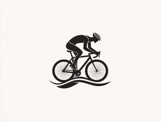 Cyclist silhouette on bike, water waves below