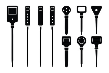 A collection of black silhouette icons representing various types of digital thermometers and measuring instruments with different handle shapes and probe designs