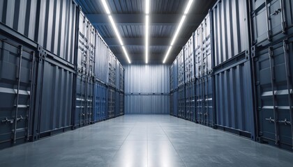 Modern warehouse interior with rows of shipping containers and bright overhead lighting