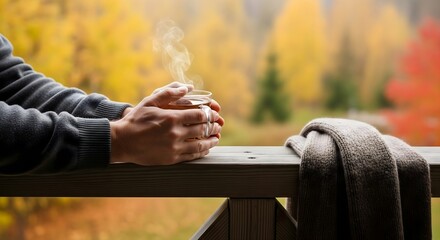 Man holds a cup of tea on balcony in autumn, perfect for lifestyle or travel ads