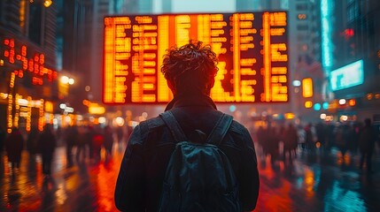 Obraz premium Businessman watches the market crash on a city billboard