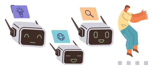 Fototapeta premium Three smiling robots with icons representing ideas, search, and the internet interact with a person. Ideal for artificial intelligence, teamwork, innovation, connectivity, robotics, automation