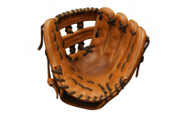 Traditional leather baseball glove displaying precise stitching, professional craftsmanship, resting on transparent surface