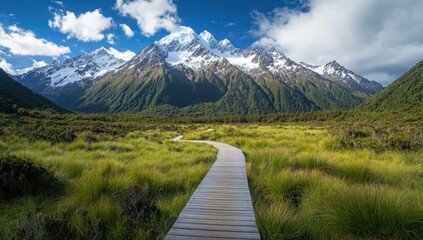 Wooden boardwalk winds through a lush valley, leading to snow-capped mountains