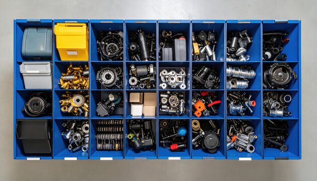 Aerial view of organized storage bins filled with various mechanical parts and tools in a workshop