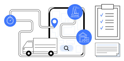 Delivery truck connected to map with destination markers, stopwatch, factory, and clipboard. Ideal for logistics, supply chain, delivery, time management, optimization tracking and planning