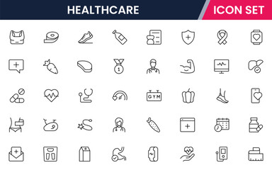 Healthcare vector web line icon collection, sleek illustrations of wearables, heart monitors, fitness apps for wellness-focused designs.