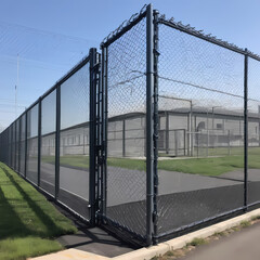 Industrial chain-link fencing in a factory ensures security and restricted access.  