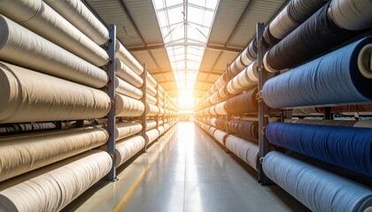 Sunlit textile warehouse showcasing rows of fabric rolls in various colors and textures