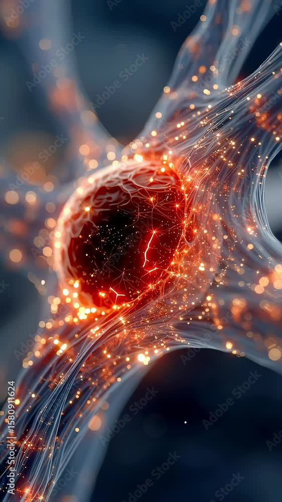 Poster a detailed artistic rendering of a neural structure with electric energy pulses and glowing red-oran