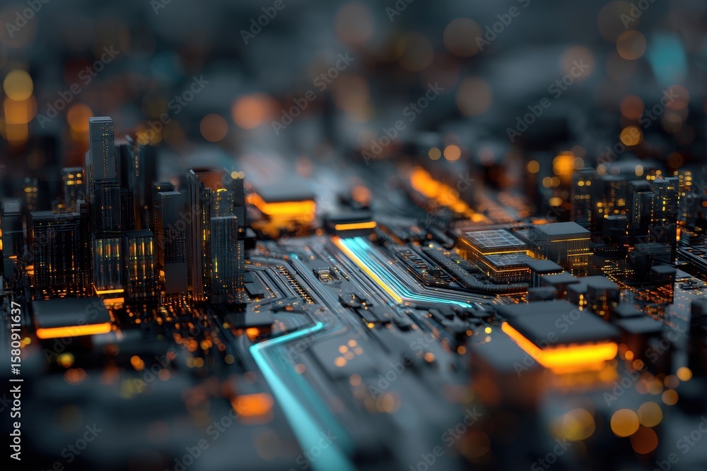 Fototapete Abstract rendering of a futuristic city with illuminated circuits and structures