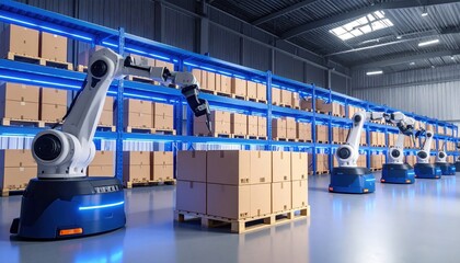 Advanced robotic arms efficiently organizing boxes in a modern warehouse setting