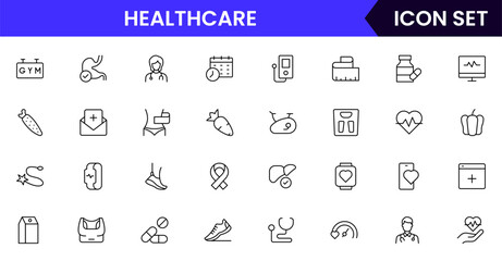 Healthcare vector web line icon collection, sleek illustrations of wearables, heart monitors, fitness apps for wellness-focused designs.