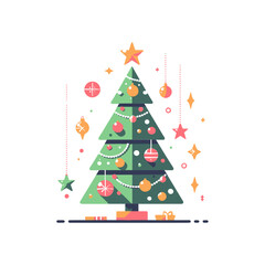 Naklejka premium festive, flat design illustration of a decorated Christmas tree with gifts, ideal for websites or blogs about holidays, Christmas, celebrations, winter, or seasonal greetings.