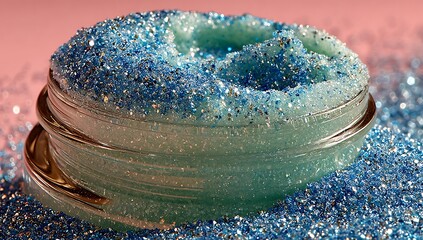 Closeup of a teal blue cosmetic glitter scrub in a glass jar. A sparkling, shimmering beauty...