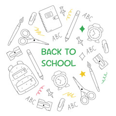 Funny round composition with Back to school composition. Vector background in doodle style