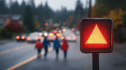 A red pedestrian crossing signal glows in the foreground as children and cars blur in the rainy background on a suburban street.