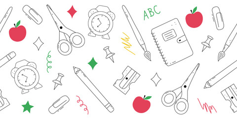 Funny seamless border with school items. Vector pattern in doodle style