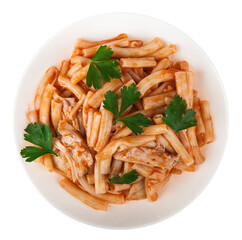 Pasta with tomato sauce and pieces of chicken isolated on a white background.