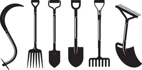 Black farming tools sickle fork shovel rake gardening © Boshir