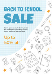Vertical poster with Back to school Sale message. Vector background in doodle style